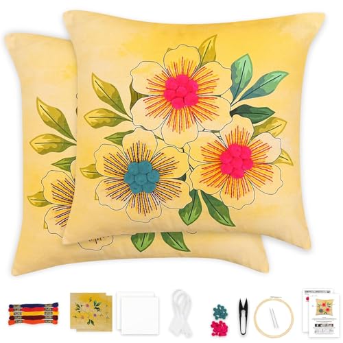 picknMAKE Beginners for Set Kit Embroidery Hand Cover Cushion DIY 2 of Pack – Covers Pillow Cross-Stitch Bloom Floral | Decor Home | 16"x16" | Pattern Printed Digitally | Included Materials All - Image 1
