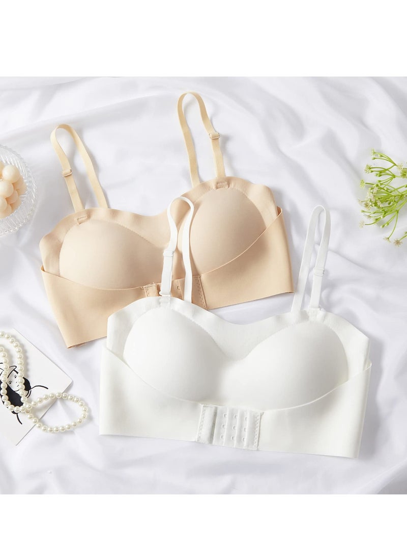 roaiss 2Pcs Women's Strapless Tube Top Underwear Without Steel Ring Push Up Bra Beige/White - Image 1