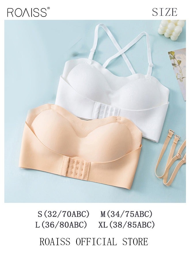 roaiss 2Pcs Women's Strapless Tube Top Underwear Without Steel Ring Push Up Bra Beige/White - Image 5