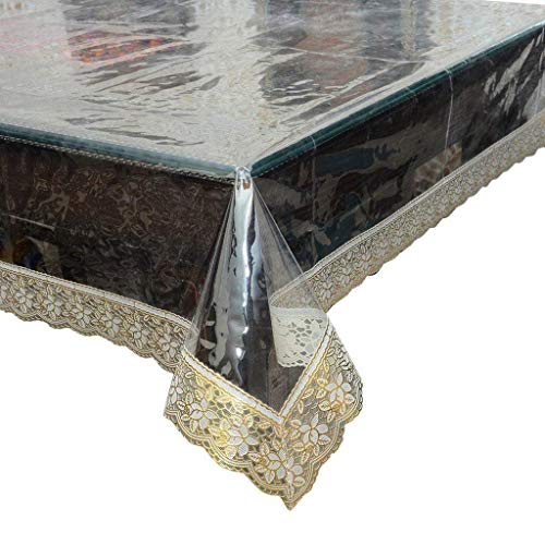 HOMECROWN Geometrical Embroidered Lace Design Waterproof Rectangular PVC 6 Seater Dining Table Cover with Golden Lace (Size 60 X 90 Inches, Transparent) - Image 2