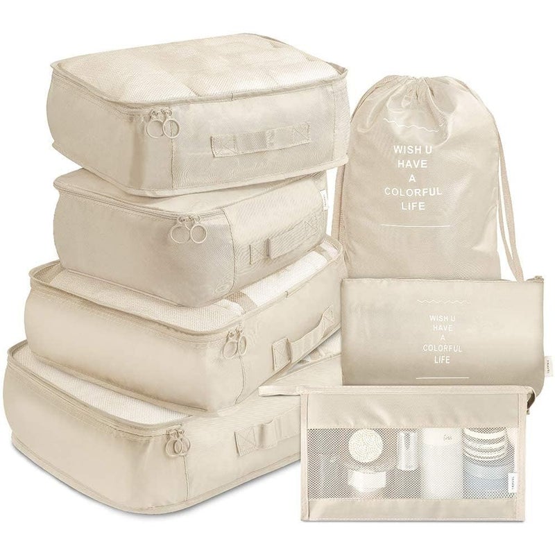 STESHWK 7 in 1 Travel Cubes Laundry Cosmetics Luggage Packing Organizers with Shoe Bag for for Travel Essentials Toiletry Bag Packing Bags for Clothes Travel Organizer Beige - Image 1