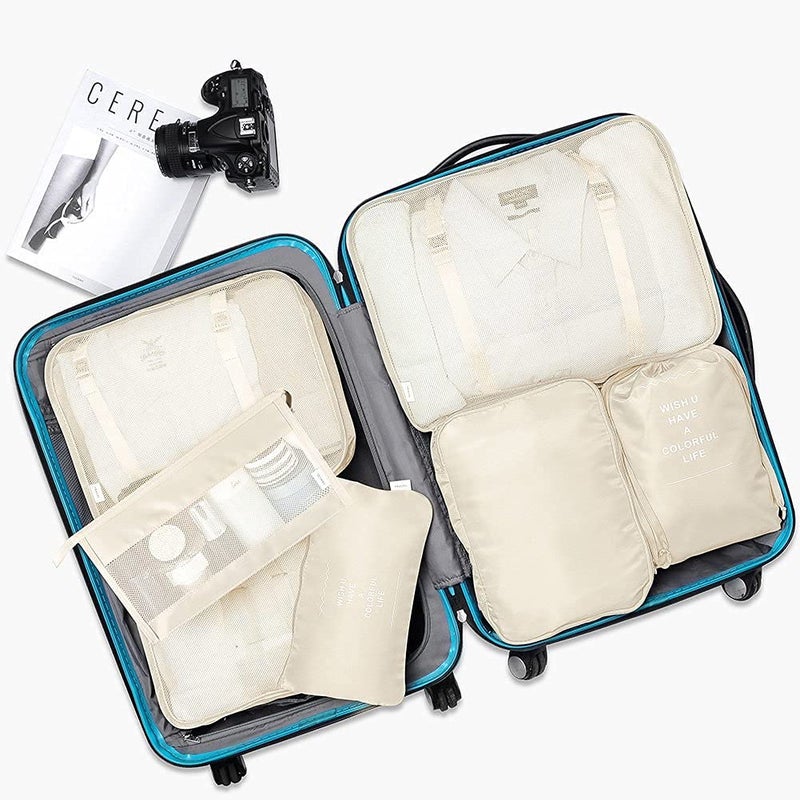 STESHWK 7 in 1 Travel Cubes Laundry Cosmetics Luggage Packing Organizers with Shoe Bag for for Travel Essentials Toiletry Bag Packing Bags for Clothes Travel Organizer Beige - Image 3