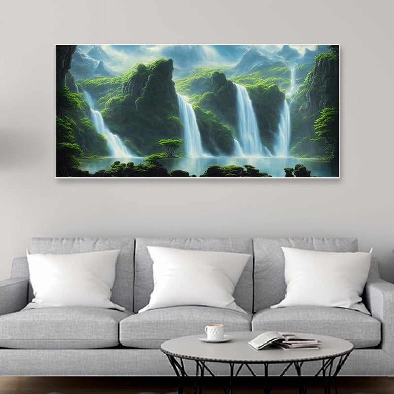 DEKORSTATION Large Forest Waterfall Nature Landscape Scenery Floating Frame Canvas Wall PaintingBeautiful Wall Paintings for Living Room Bedroom Office Hotels 12x24 inch Canvas Painting
