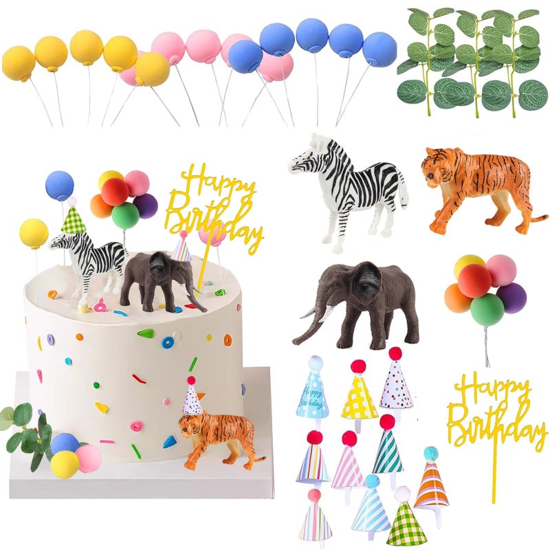 LEFUBABY Safari Animal Cake Toppers with Mini Birthday Party Hat Color Balls Cake Decorations for Jungle Wild Themed Baby Shower Birthday Party Supplies Safari Animal - Image 2