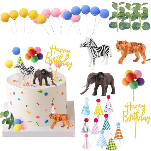 LEFUBABY Safari Animal Cake Toppers with Mini Birthday Party Hat Color Balls Cake Decorations for Jungle Wild Themed Baby Shower Birthday Party Supplies Safari Animal - Image 1