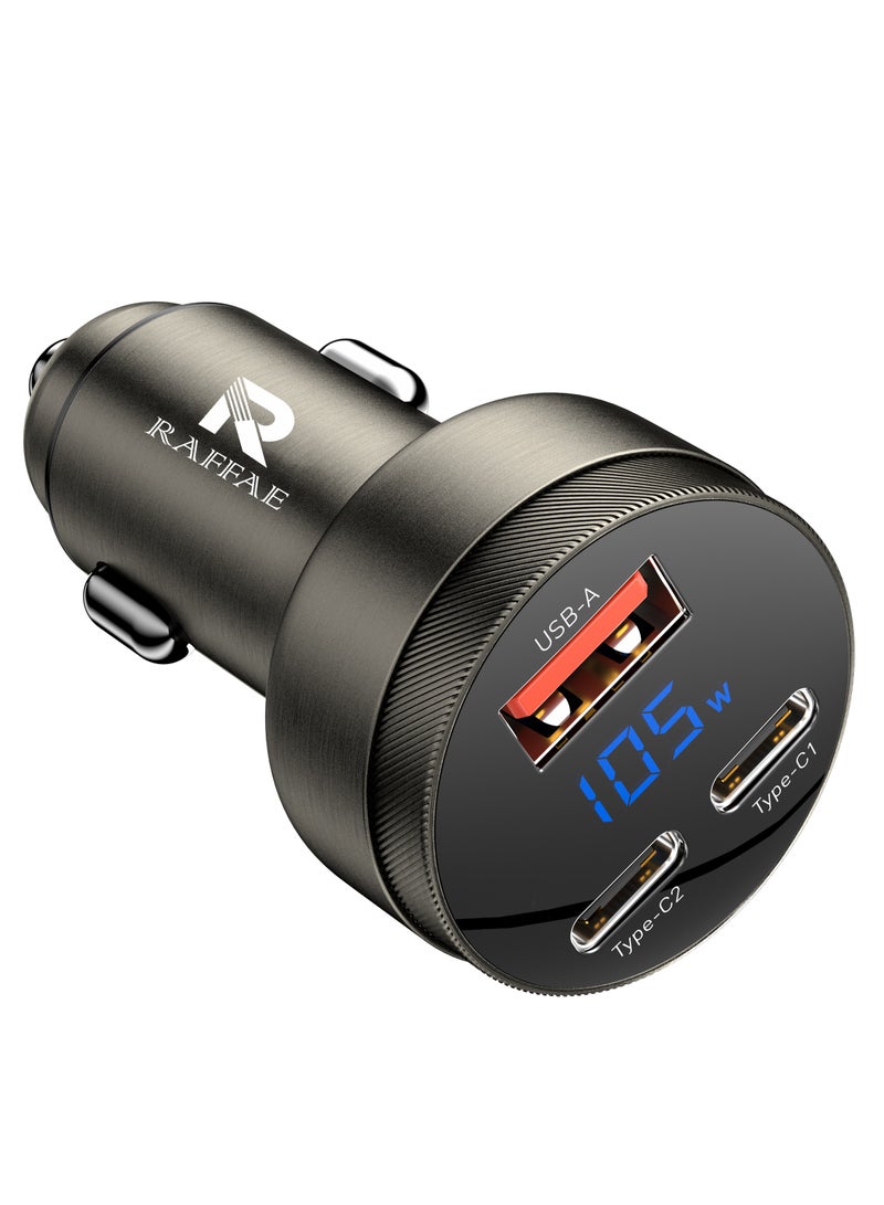 RAFFAE 105W GaN Car Charger With 3 USB Ports Fast Car Adapter For Samsung, Huawei, OnePlus, iPhone 15/15pro/15pro Max/14/13/12 - Black  - Image 1