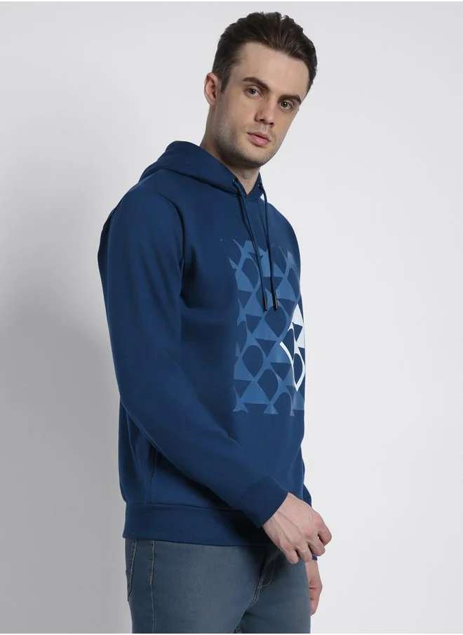 Dennis Lingo Regular Fit Blue Printed Hooded Sweatshirt for Men - Polycotton, Full Sleeves