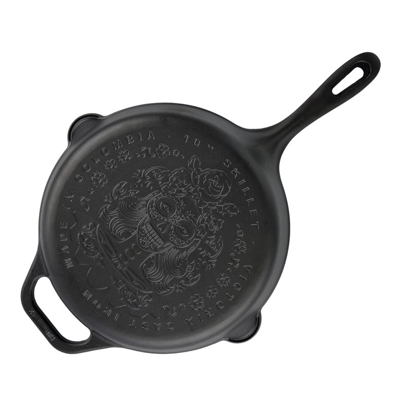 Victoria 10Inch Day of the Dead La Catrina Cast Iron Skillet Dia de los Muertos Seasoned Cast Iron Frying Pan with Long Handle Made in Colombia