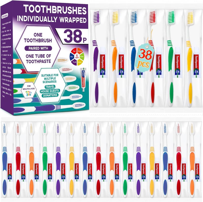 Comdian Disposable Toothbrush with Toothpaste 38 PCS, Travel Toothbrush and Toothpaste Bulk Set,Soft Bristle Individually Wrapped Toothbrushes Bulk for Kids, Adult. Suitable for Hotel, Travel, Home, Donated - Image 1
