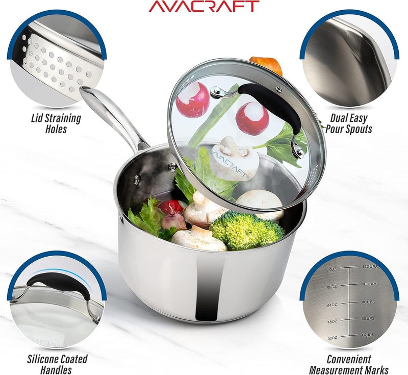 AVACRAFT Stainless Steel Saucepan with Glass Strainer Lid, Two Side Spouts for Easy Pour with Ergonomic Handle, Multipurpose Sauce Pot (5-Ply Capsule Bottom, 3.5 Quart) - Image 4