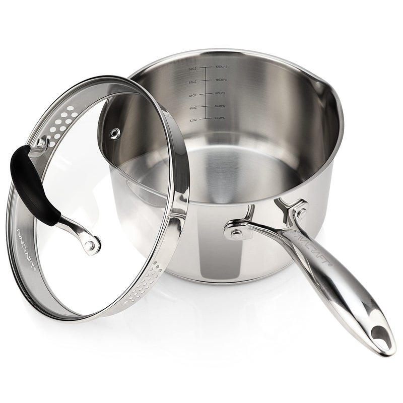 AVACRAFT Stainless Steel Saucepan with Glass Strainer Lid, Two Side Spouts for Easy Pour with Ergonomic Handle, Multipurpose Sauce Pot (5-Ply Capsule Bottom, 3.5 Quart) - Image 1
