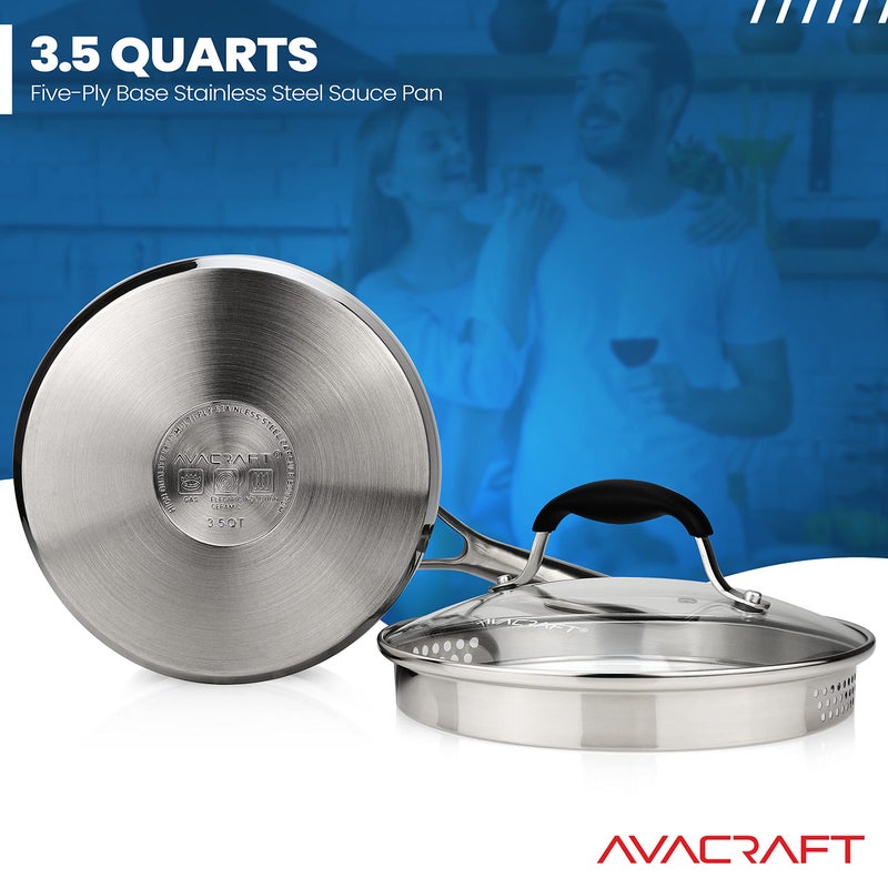 AVACRAFT Stainless Steel Saucepan with Glass Strainer Lid, Two Side Spouts for Easy Pour with Ergonomic Handle, Multipurpose Sauce Pot (5-Ply Capsule Bottom, 3.5 Quart) - Image 3