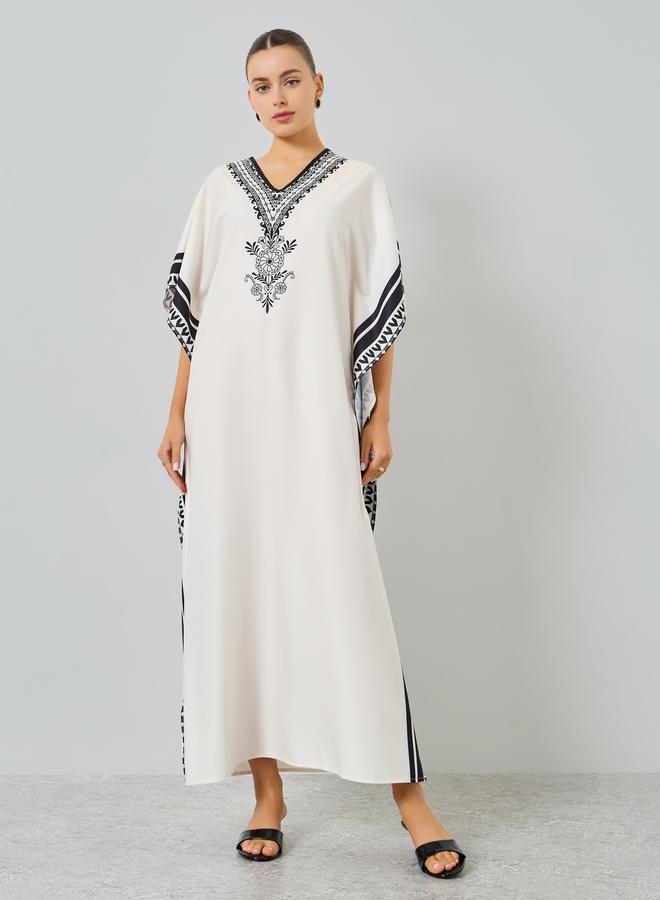 Take Two Beige Graphic Print V-Neck Kaftan - Image 3