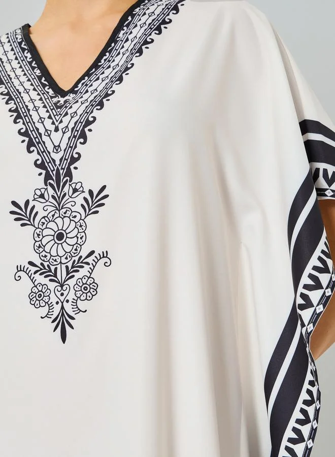 Take Two  Beige Graphic Print V-Neck Kaftan for Women | Best Price UAE