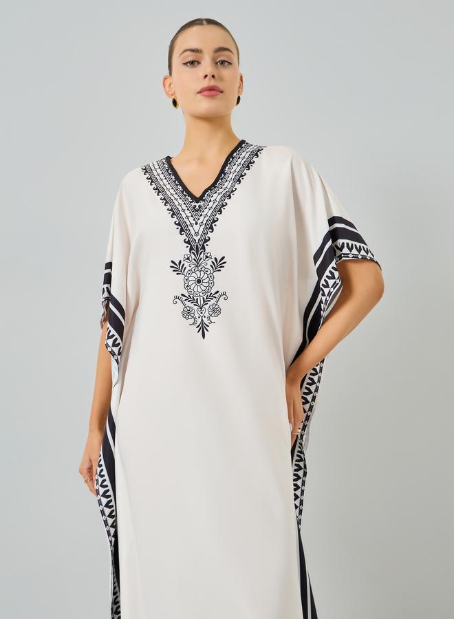 Take Two Beige Graphic Print V-Neck Kaftan - Image 2