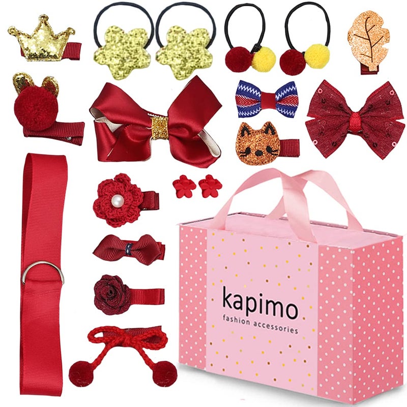 kapimo Fancy Hair Clips for Baby Girls Toddlers Assorted Stylish Fashion Hair Accessories 18 pcs Gift Set Box (RED) - Image 1
