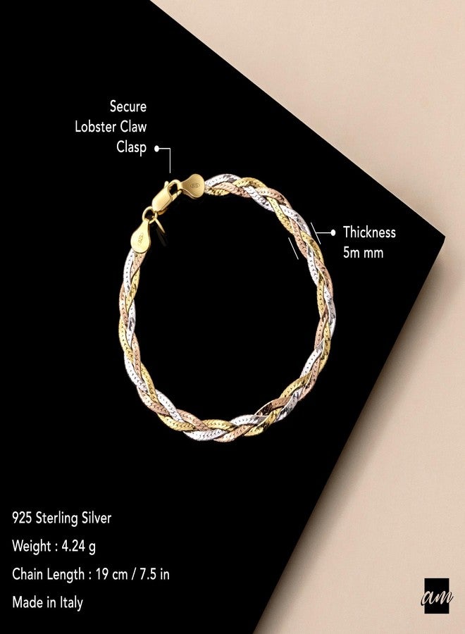 Amberta Women's 925 Sterling Silver Braided Herringbone Chain Bracelet (Length 7.5 inch): Multicoloured - Image 5
