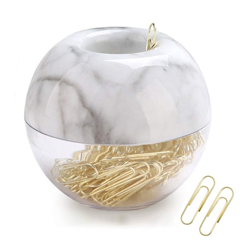 Supfoxer Magnetic Paper Clip Holder, Marble White holder with Gold PaperClips 100pcs 28mm(1.1") Cute Office Supplies for Desk Organizer - Image 1