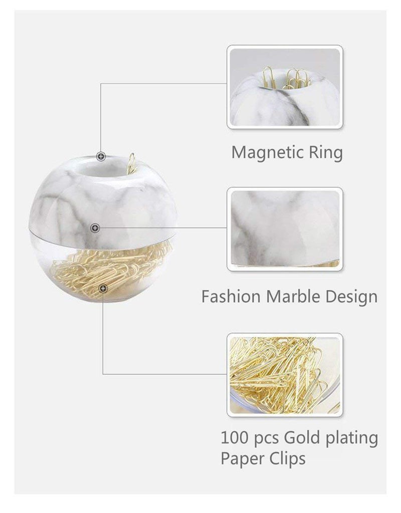 Supfoxer Magnetic Paper Clip Holder, Marble White holder with Gold PaperClips 100pcs 28mm(1.1") Cute Office Supplies for Desk Organizer - Image 2