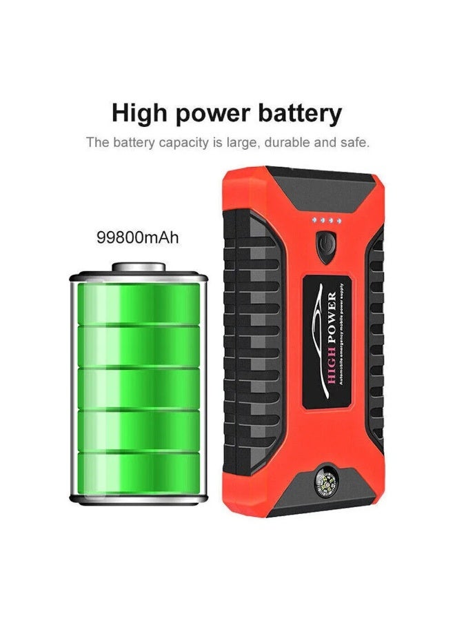 Jump Starter with Air Compressor 29B – 99800mAh Portable Car Battery Booster, 12V Power Bank with LED Flashlight, SOS, and 4 USB Ports – Black & Red - Image 4