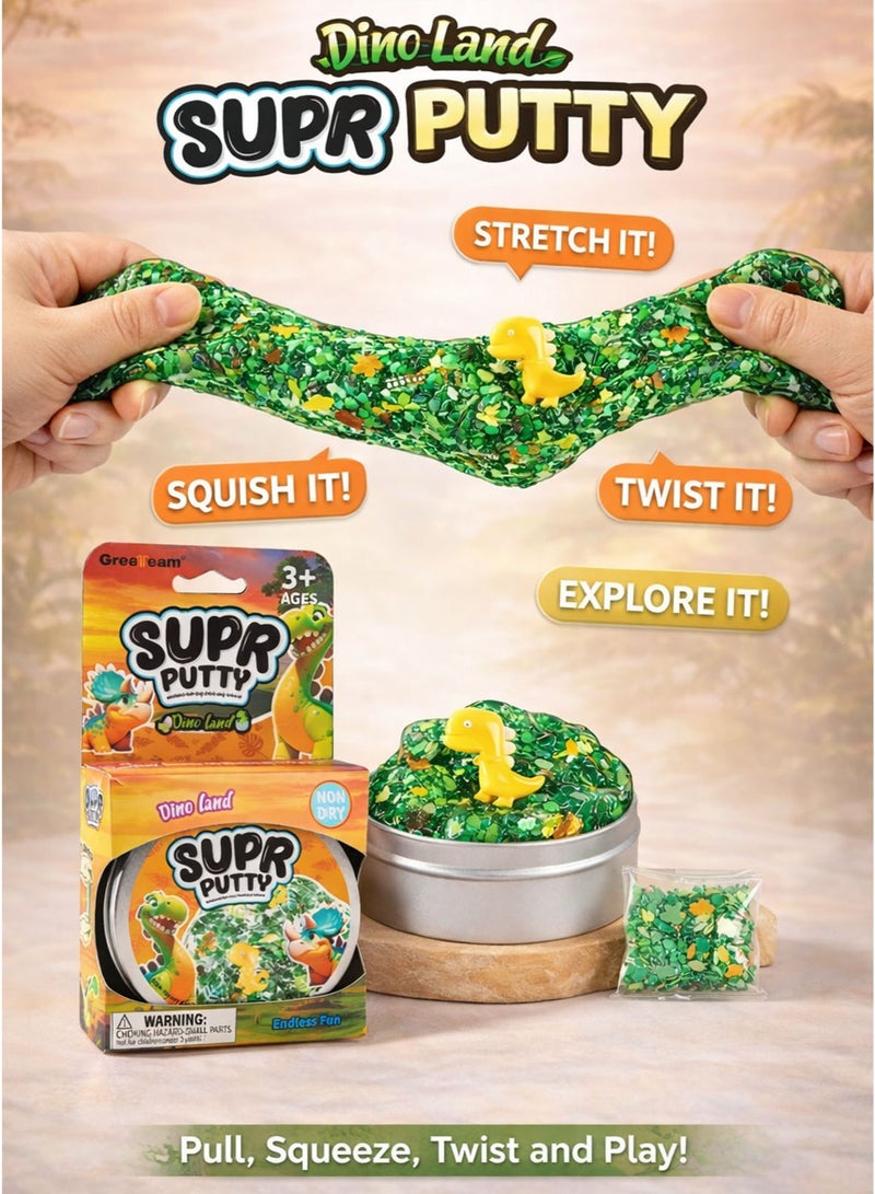 GreaTeam Dino Land SUPR Putty 88–90G in Metal Tin Box with Dinosaur Figure & Leaf Sprinkles Green Transparent Stretchy Slime Putty with Dino Sequins Non-Dry Sensory Toy for Kids 3+ Years EN71 Certified Non-Toxic EU Toy Safety Standard Fidget Stress Relief Slime Creative Educational Gift for Boys & Girls Party Favors Birthday Return Gifts - Image 2