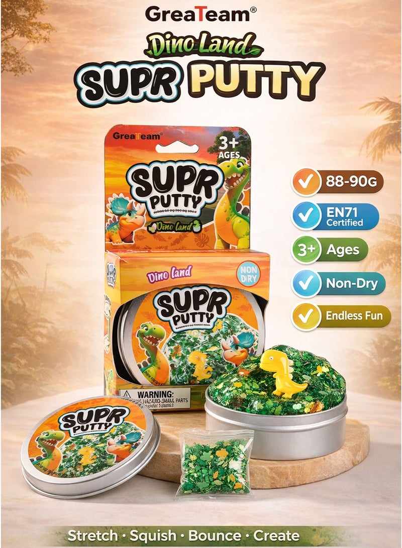 GreaTeam Dino Land SUPR Putty 88–90G in Metal Tin Box with Dinosaur Figure & Leaf Sprinkles Green Transparent Stretchy Slime Putty with Dino Sequins Non-Dry Sensory Toy for Kids 3+ Years EN71 Certified Non-Toxic EU Toy Safety Standard Fidget Stress Relief Slime Creative Educational Gift for Boys & Girls Party Favors Birthday Return Gifts - Image 1