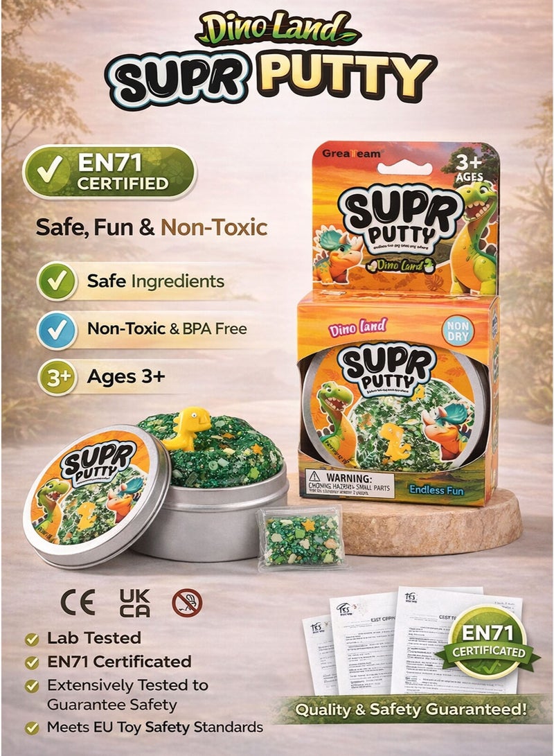 GreaTeam Dino Land SUPR Putty 88–90G in Metal Tin Box with Dinosaur Figure & Leaf Sprinkles Green Transparent Stretchy Slime Putty with Dino Sequins Non-Dry Sensory Toy for Kids 3+ Years EN71 Certified Non-Toxic EU Toy Safety Standard Fidget Stress Relief Slime Creative Educational Gift for Boys & Girls Party Favors Birthday Return Gifts - Image 4