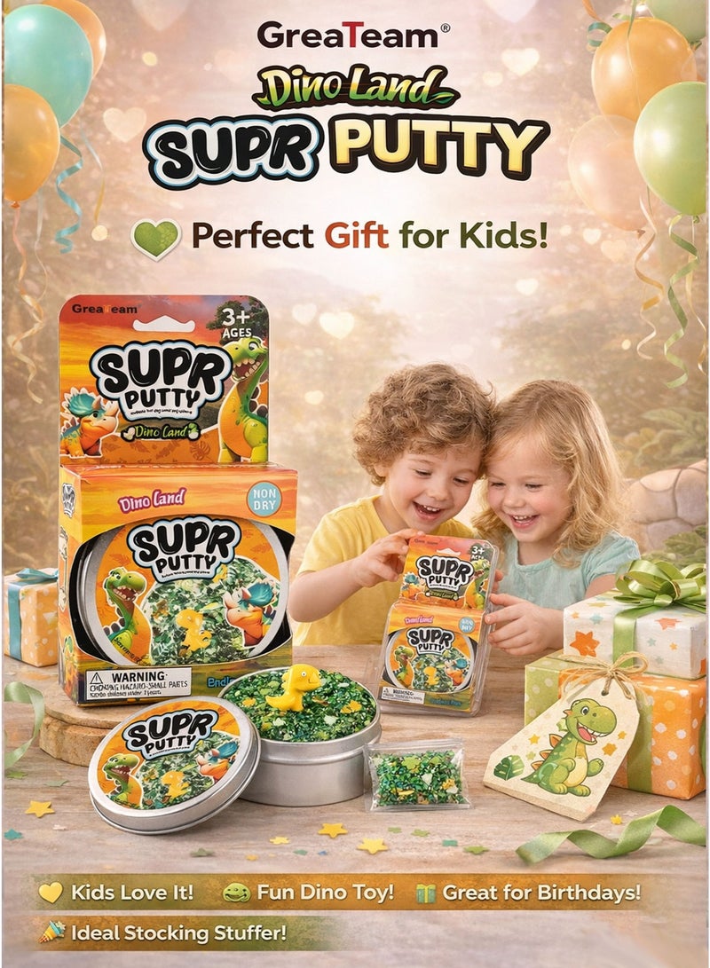 GreaTeam Dino Land SUPR Putty 88–90G in Metal Tin Box with Dinosaur Figure & Leaf Sprinkles Green Transparent Stretchy Slime Putty with Dino Sequins Non-Dry Sensory Toy for Kids 3+ Years EN71 Certified Non-Toxic EU Toy Safety Standard Fidget Stress Relief Slime Creative Educational Gift for Boys & Girls Party Favors Birthday Return Gifts - Image 5