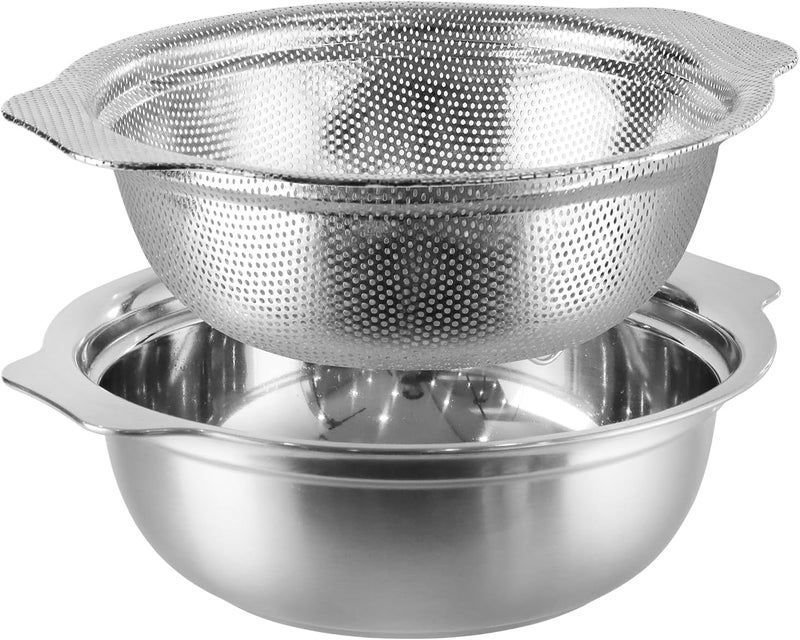POPGRADE Extra Large 5.5QT Stainless Steel Colander, Large Capacity Rice Colander with Mixing Bowl, Rice Strainer for Vegetables, Fruit, Spaghetti, Pasta Strainer, Dishwasher Safe(2PC) - Image 1
