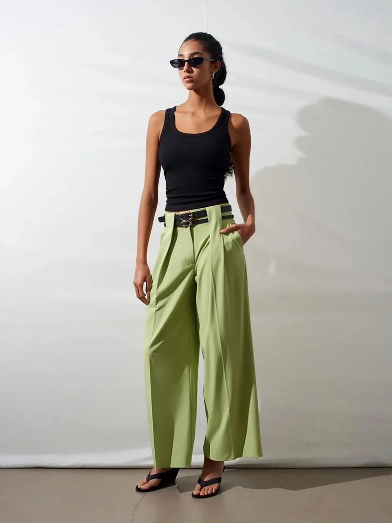 Dilvin Dilvin High-Waist Wide-Leg Pleated Trousers