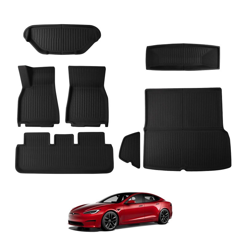 BASENOR 2026 7PCS Floor Mats for Tesla Model S Model S Plaid 3D Material Cargo Liners AllWeather Car Mats AntiSlip Trunk Mat Model S Accessories Custom Fit 20212026