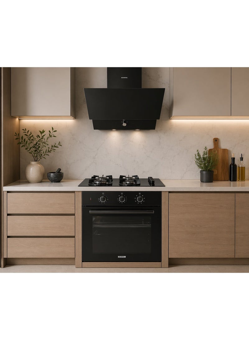 Kumtel Built-In Kitchen Appliance Set – Black Glass Oven, Gas Hob & Cooker Hood – 60×60 - Image 1