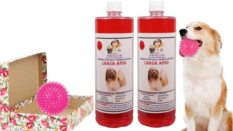 swacch Shampoo | Puppy Safe Shampoo | PH Balanced | Ditch to Itch for Lhasa Apso Dog Shampoo 2 Litre (Strawberry) + Spike Ball Chew Toy Combo Pack - Image 1
