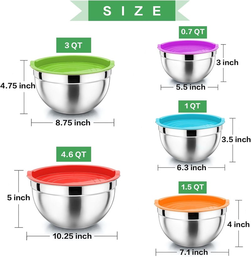 P&P CHEF Mixing Bowls with Airtight Lids Set of 5, 10-Piece Stainless Steel Mixing Nesting Bowl, Metal Bowl with Lid for Kitchen Prepping & Storing, Size 4.6, 3, 1.5, 1, 0.7 QT, Multicolor - Image 4