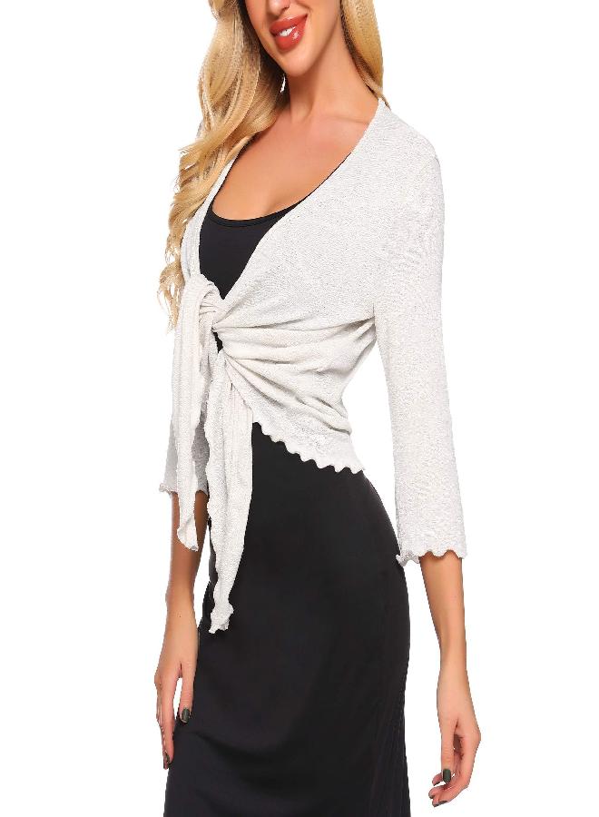 SATINIOR Womens Sheer Shrug Bolero Tie Knot Cardigan Lightweight with 3/4 Lace Sleeves(Creamy White, S)