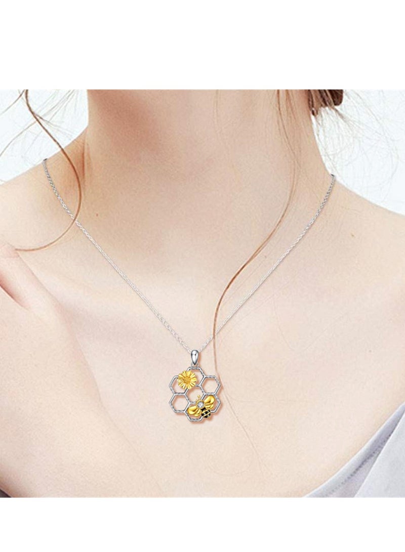 KASTWAVE Bee Necklace, Sterling Silver Cute Animal Honeycomb Bumble Bee Necklace Geometric Honey Bee Pendant Necklace with Sunflower Jewellery Gifts for Women Girls - Image 1