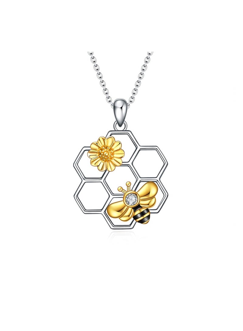 KASTWAVE Bee Necklace, Sterling Silver Cute Animal Honeycomb Bumble Bee Necklace Geometric Honey Bee Pendant Necklace with Sunflower Jewellery Gifts for Women Girls - Image 2