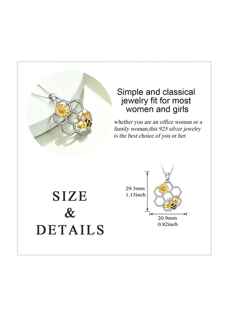 KASTWAVE Bee Necklace, Sterling Silver Cute Animal Honeycomb Bumble Bee Necklace Geometric Honey Bee Pendant Necklace with Sunflower Jewellery Gifts for Women Girls - Image 4