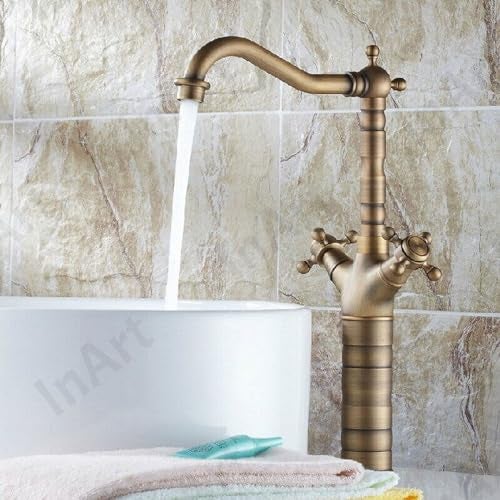 InArt Brass Antique Basin Mixer Tap/Faucet - Hot & Cold Water, Lever Handle, Oil Rubbed Finish, Deck Mounted for Bathroom & Living Room (Antique Tap Long Body) - Image 4