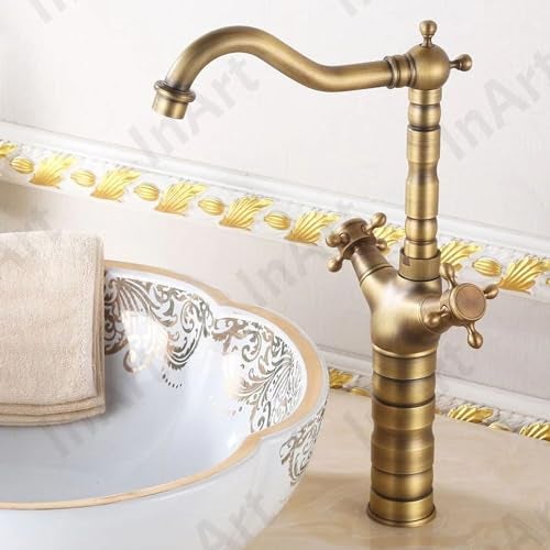 InArt Brass Antique Basin Mixer Tap/Faucet - Hot & Cold Water, Lever Handle, Oil Rubbed Finish, Deck Mounted for Bathroom & Living Room (Antique Tap Long Body) - Image 1