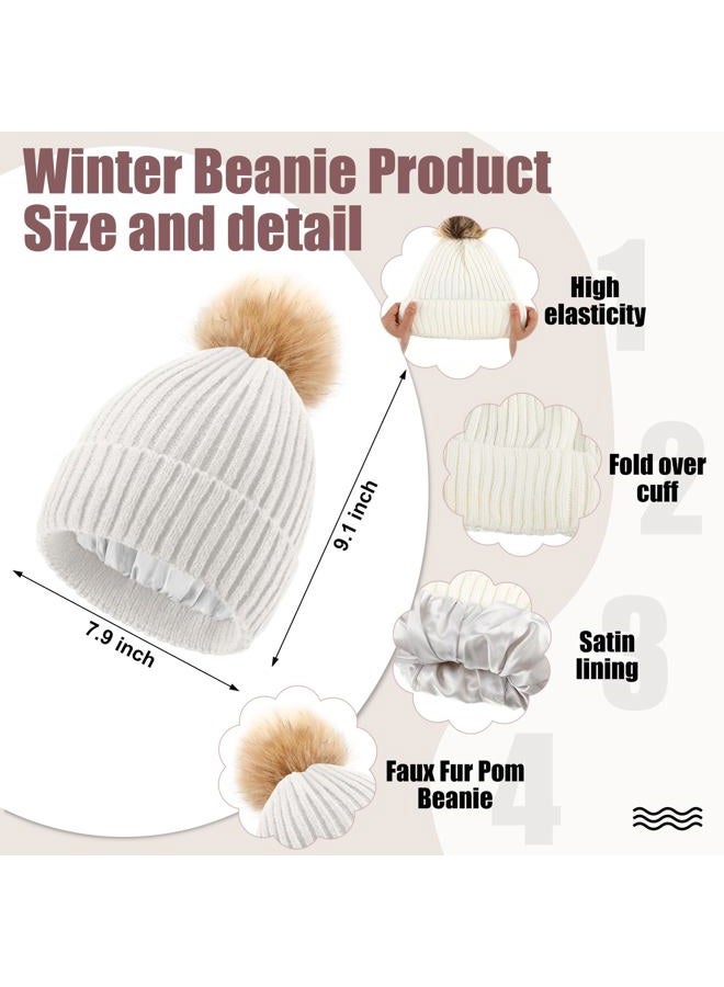 ShinyMatch 12 Pcs Winter Hat Gloves Scarf Set Women Beanie Pompom Fleece Lined Hat Touch Screen Gloves Knitted Scarf Earmuffs(Black, Beige, White,Satin Vertical Stripes Style) - Image 2