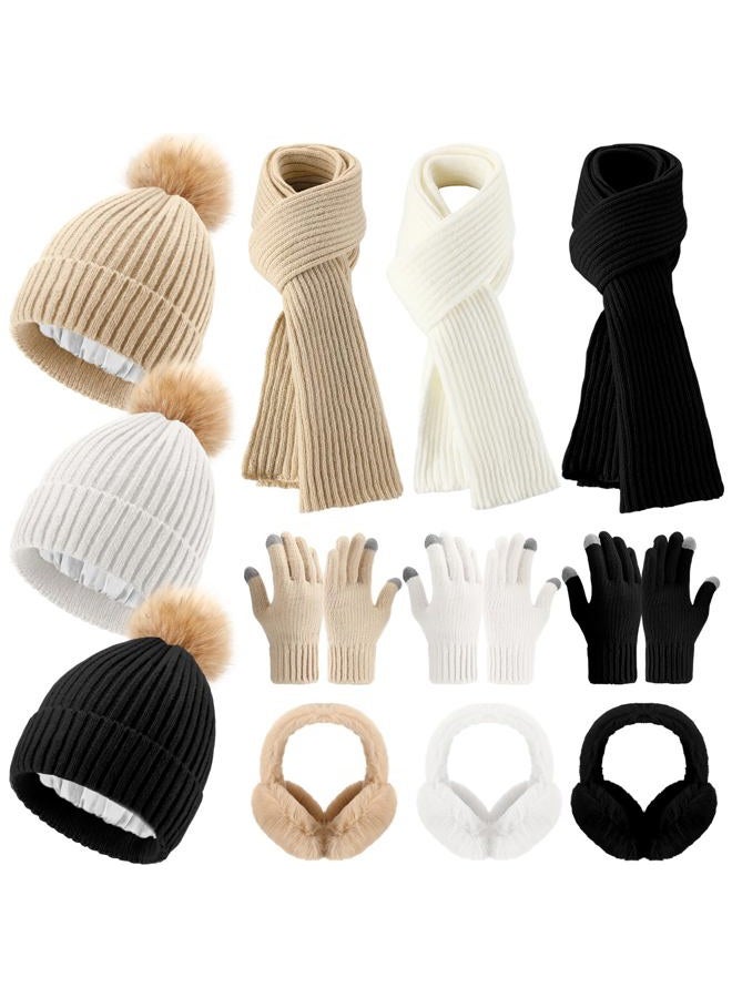 ShinyMatch 12 Pcs Winter Hat Gloves Scarf Set Women Beanie Pompom Fleece Lined Hat Touch Screen Gloves Knitted Scarf Earmuffs(Black, Beige, White,Satin Vertical Stripes Style) - Image 1