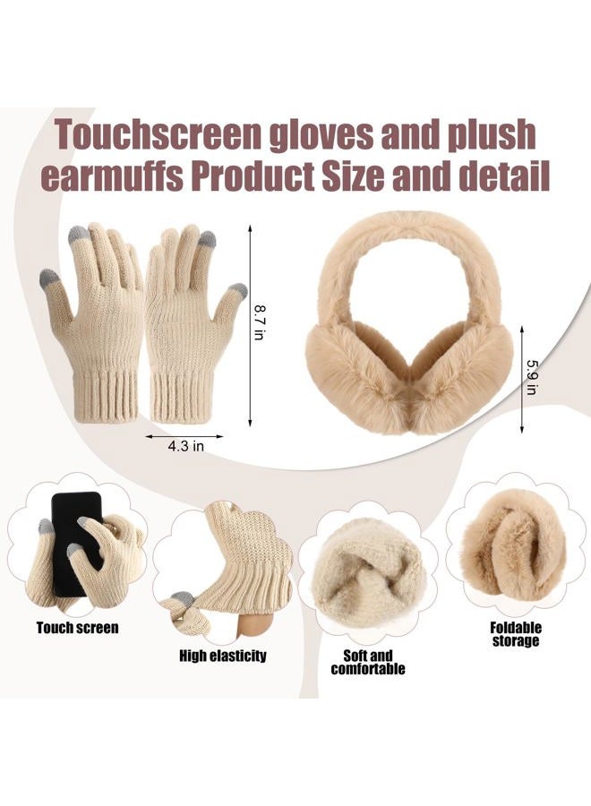 ShinyMatch 12 Pcs Winter Hat Gloves Scarf Set Women Beanie Pompom Fleece Lined Hat Touch Screen Gloves Knitted Scarf Earmuffs(Black, Beige, White,Satin Vertical Stripes Style) - Image 3