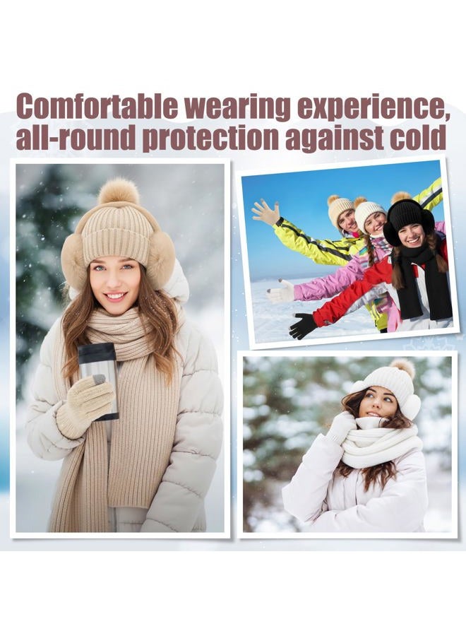 ShinyMatch 12 Pcs Winter Hat Gloves Scarf Set Women Beanie Pompom Fleece Lined Hat Touch Screen Gloves Knitted Scarf Earmuffs(Black, Beige, White,Satin Vertical Stripes Style) - Image 5