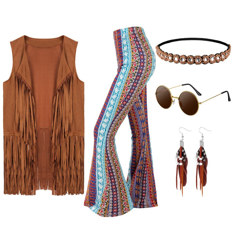 Leumoi 5 Pcs 60s 70s Costume for Women Disco Outfits Hippie Accessories Fringe Vest Boho Flared Pant for Mardi Gras Carnival(X-Large,Brown) - Image 1