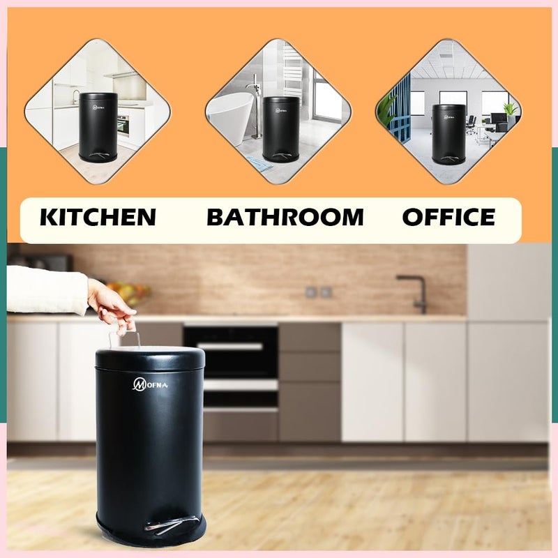 Mofna Stainless Steel Pedal DustbinPedal Garbage Bin with Plastic Bucket Round Shape use for Home Office Kitchen Bathroom 8X12 Inch 7 Liter Black - Image 3