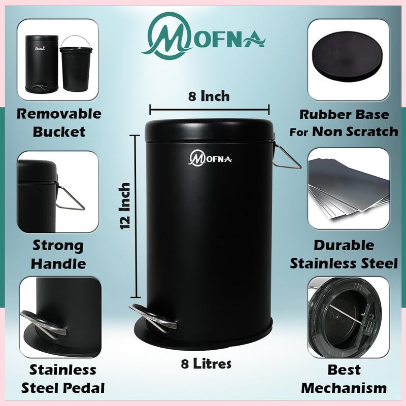 Mofna Stainless Steel Pedal DustbinPedal Garbage Bin with Plastic Bucket Round Shape use for Home Office Kitchen Bathroom 8X12 Inch 7 Liter Black - Image 2