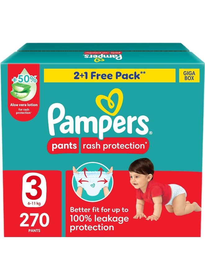 بامبرز Pampers Rash Protection Pants Diapers, Size 3, 6-11kg, +50% Aloe Vera Lotion, 360° Leak-Free Fit for up to 100% Leakage Protection, Giga Box, 270 Count - Image 1