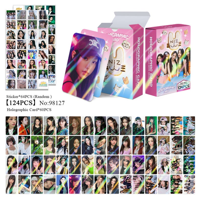 NEWJEANZ 124PCS Holographic Cards & Star Stickers Set – 60PCS Holographic LOMO Cards + 64PCS Random Celebrity Stickers for DIY Scrapbooking, Album Decoration, Journaling, and Birthday Gift for Teens