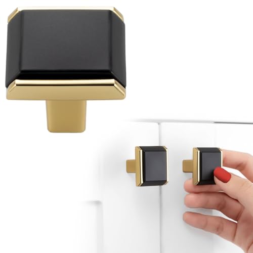 BEROSSA Black and Gold Cabinet Knobs Matte Black and Gold Drawer Knobs, 5 Pack 1-1/4 Inch, 2281 Square Single Hole Cabinet Pulls for Kitchen Cabinets Drawers Bedroom Dresser Bathroom - Image 1